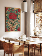 Red floral tapestry wall art with a large central flower and intricate gold and red botanical motifs on a teal green background. - Image 2
