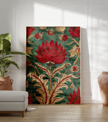 Red floral tapestry wall art with a large central flower and intricate gold and red botanical motifs on a teal green background. - Image 3