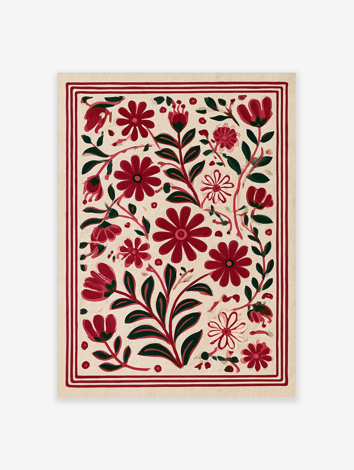 Red folk art floral print with stylised flowers and green leaves on cream background