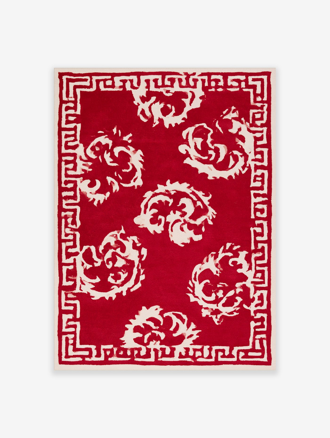 Red and white floral print with Greek key border, stylised blooms on deep red background