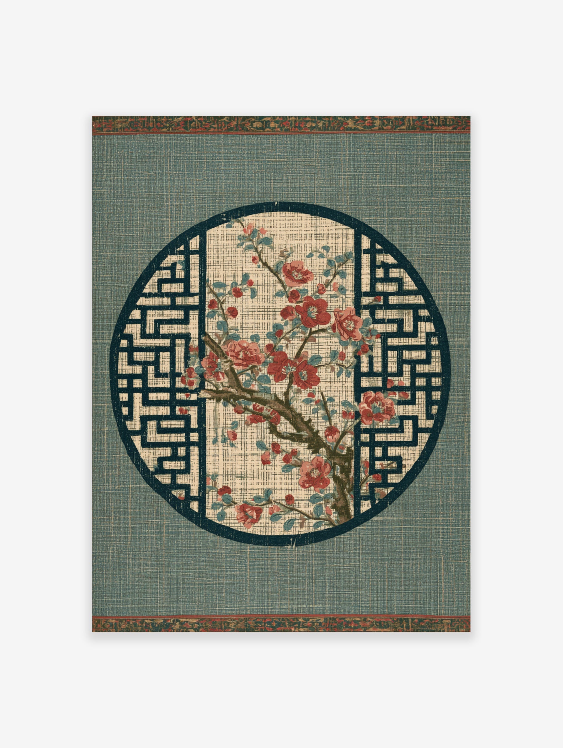 Red flower branch botanical illustration in a circular frame with geometric background