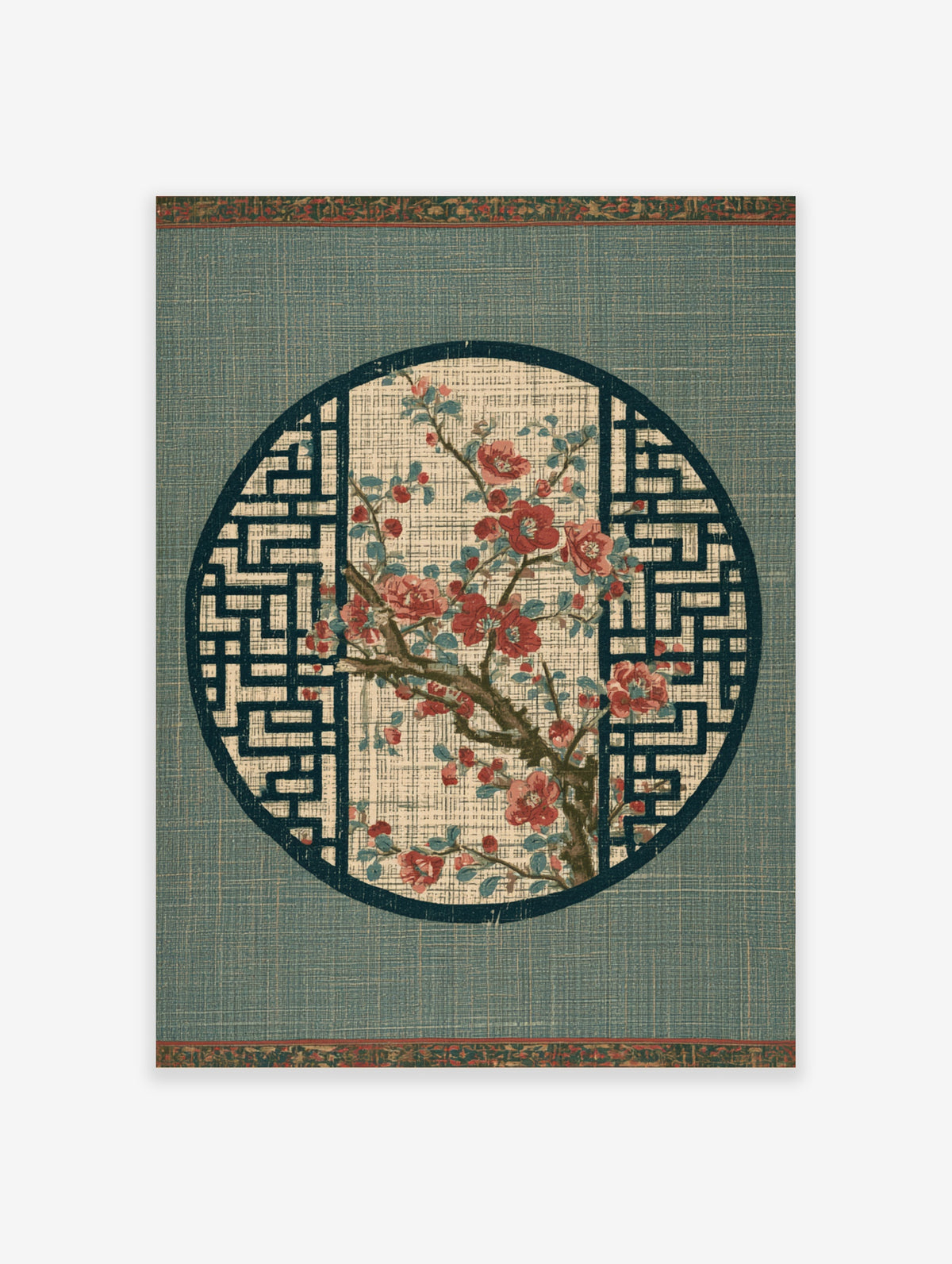 Red flower branch botanical illustration in a circular frame with geometric background
