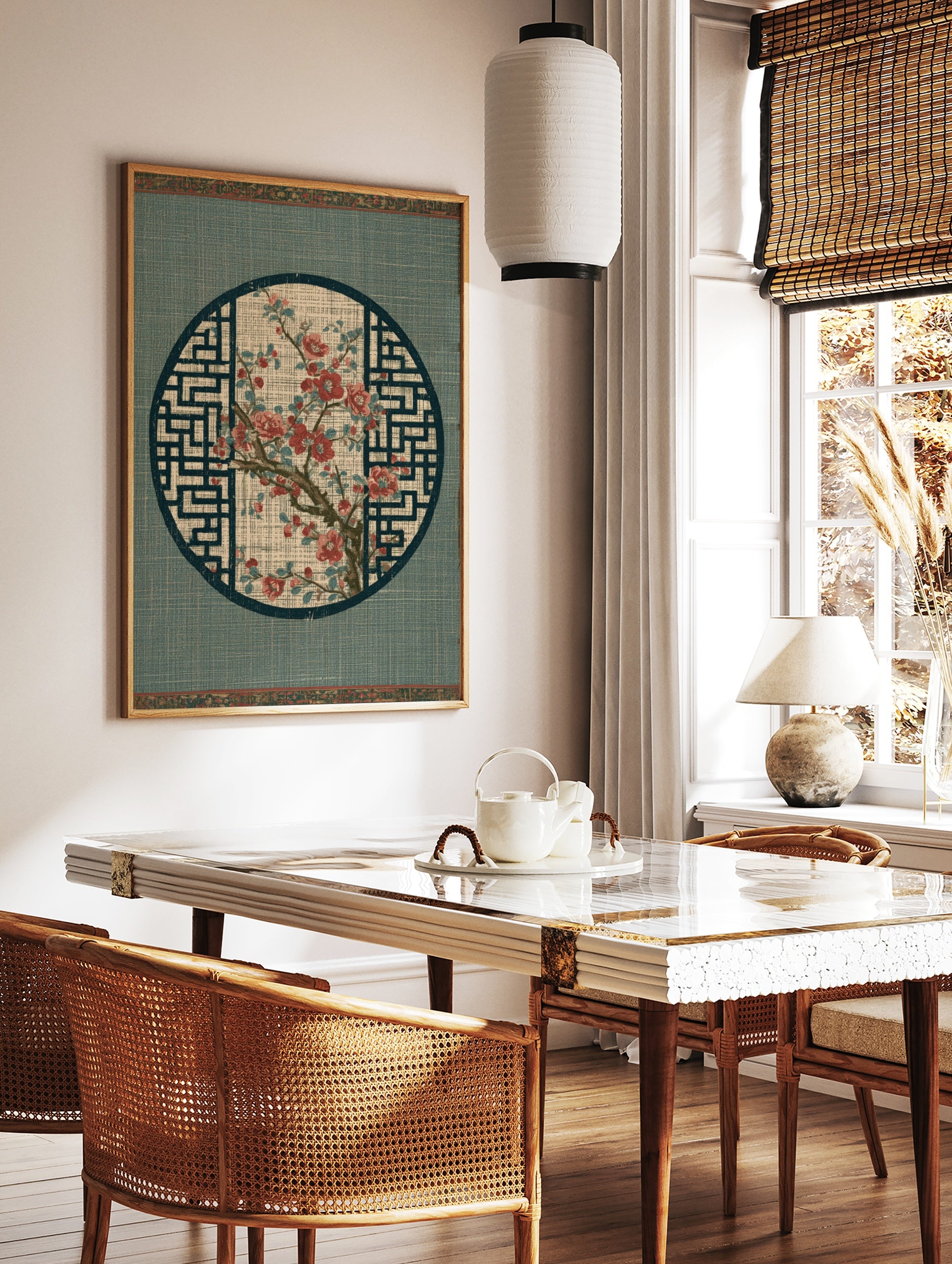 Red flower branch botanical illustration in a circular frame with geometric background, in a styled room mockup
