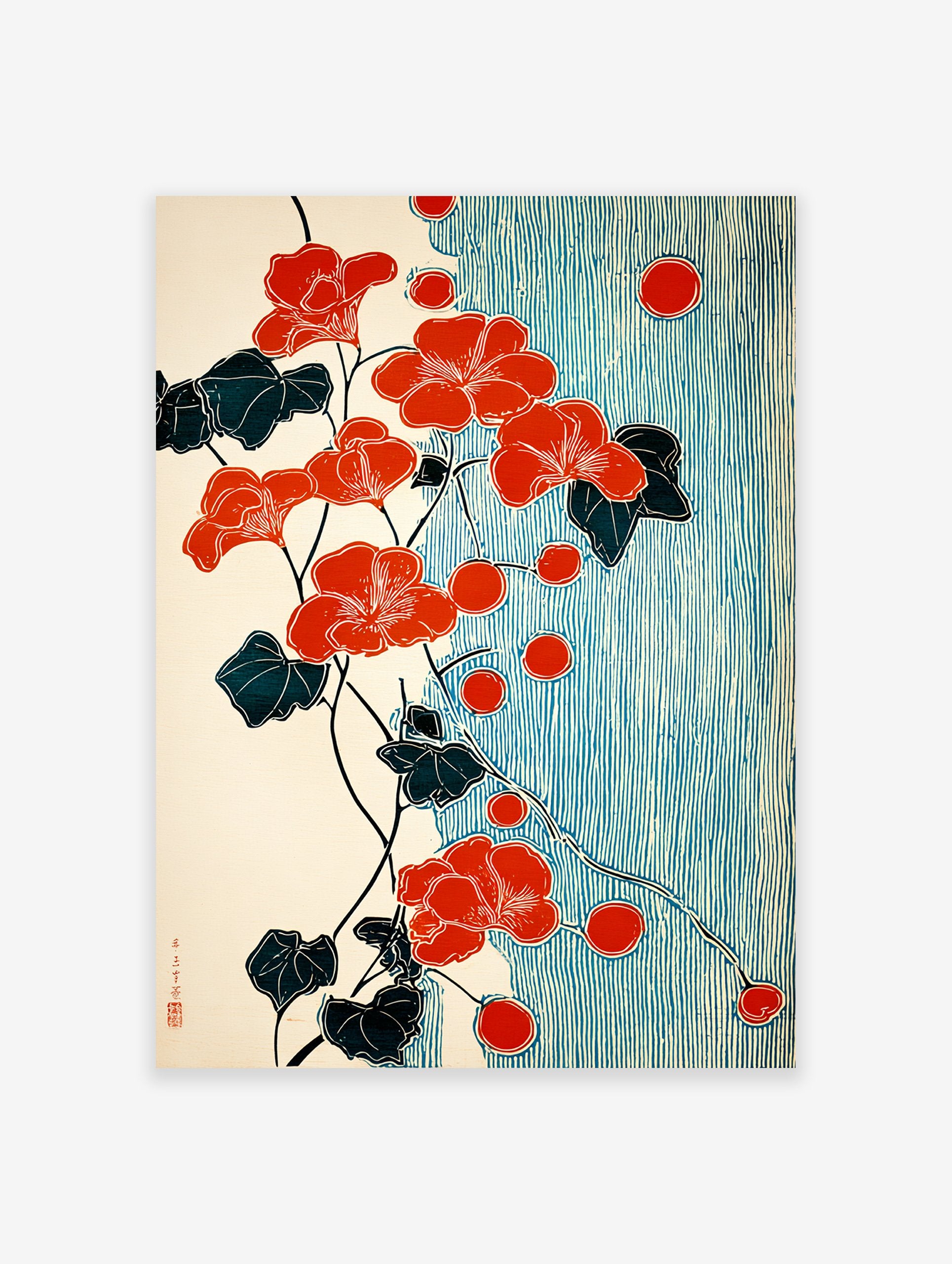 Red flower botanical poster with dark leaves and red berries on a vine, set against a background of blue vertical stripes in a Japanese art style.