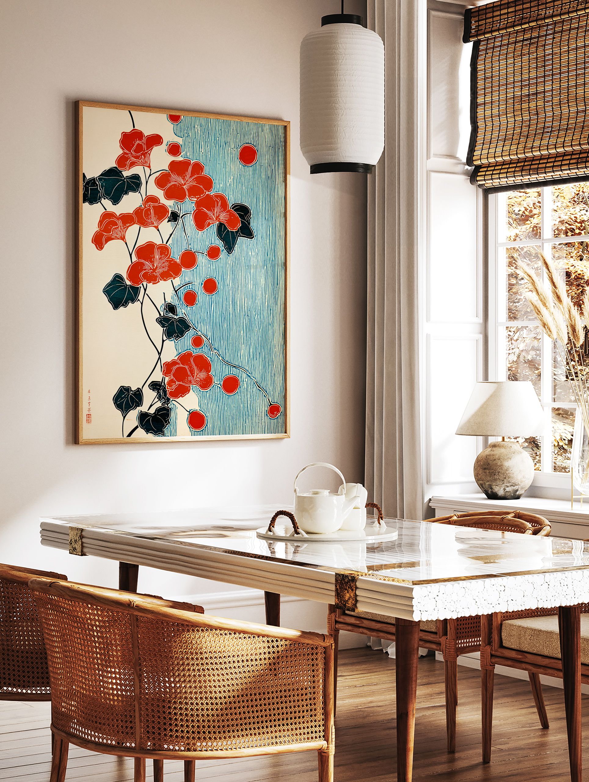 Red flower botanical poster with dark leaves and red berries on a vine, set against a background of blue vertical stripes in a Japanese art style. - Image 2
