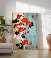 Red flower botanical poster with dark leaves and red berries on a vine, set against a background of blue vertical stripes in a Japanese art style. - Image 3
