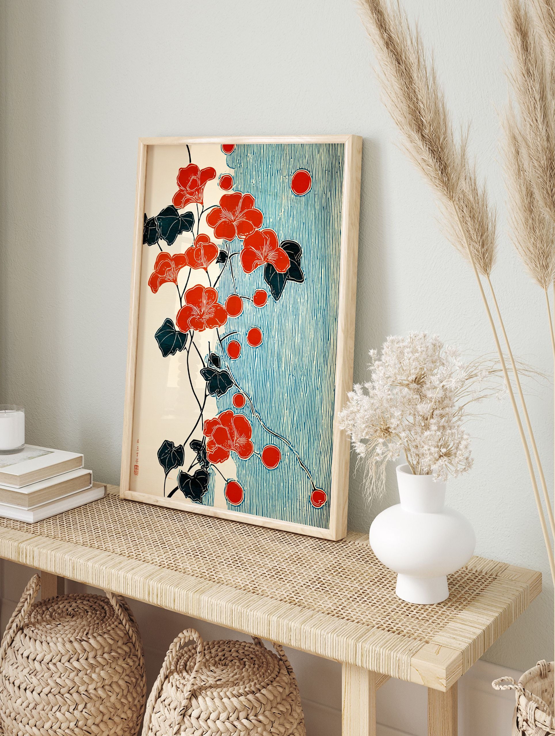 Red flower botanical poster with dark leaves and red berries on a vine, set against a background of blue vertical stripes in a Japanese art style. - Image 4