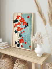 Red flower botanical poster with dark leaves and red berries on a vine, set against a background of blue vertical stripes in a Japanese art style. - Image 4
