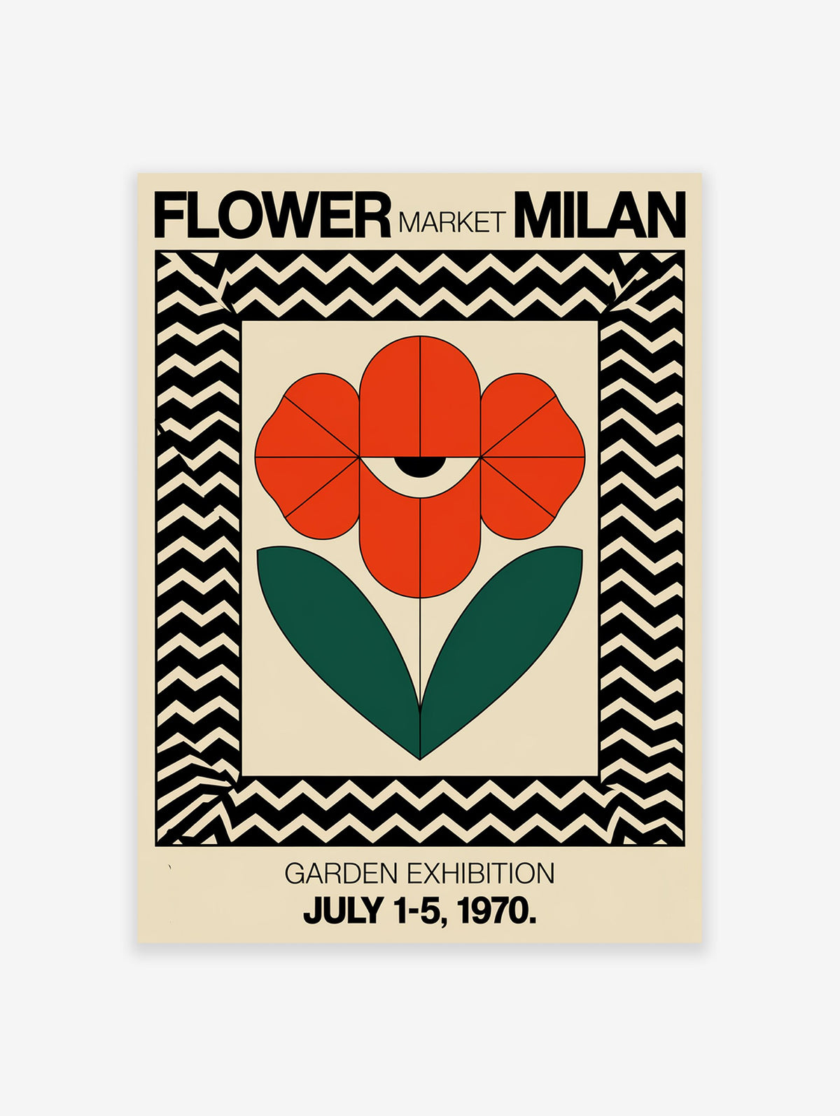 Red flower poster with an eye motif and green leaves, framed by black and cream chevron pattern, for Milan Garden Exhibition.