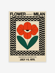Red flower poster with an eye motif and green leaves, framed by black and cream chevron pattern, for Milan Garden Exhibition.