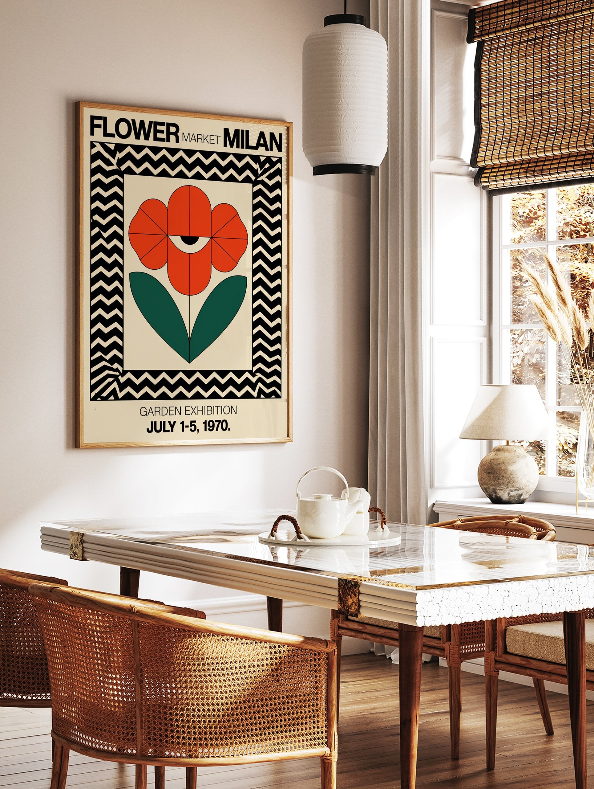 Red flower poster with an eye motif and green leaves, framed by black and cream chevron pattern, for Milan Garden Exhibition. - Image 2