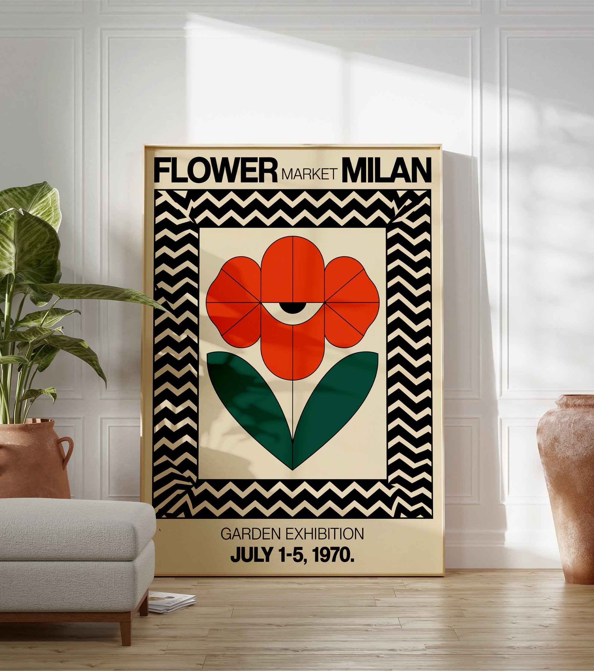 Red flower poster with an eye motif and green leaves, framed by black and cream chevron pattern, for Milan Garden Exhibition. - Image 3