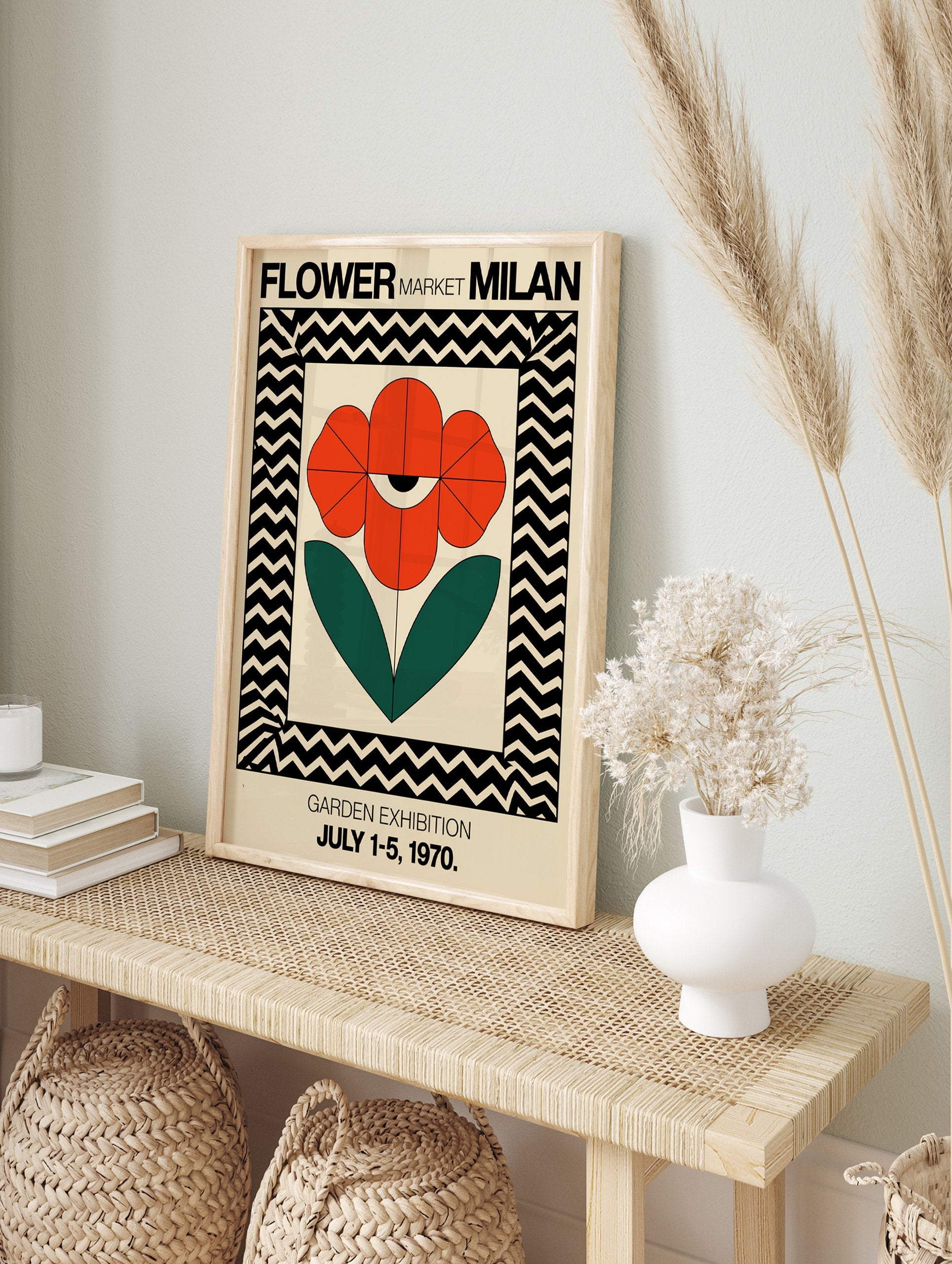 Red flower poster with an eye motif and green leaves, framed by black and cream chevron pattern, for Milan Garden Exhibition. - Image 4