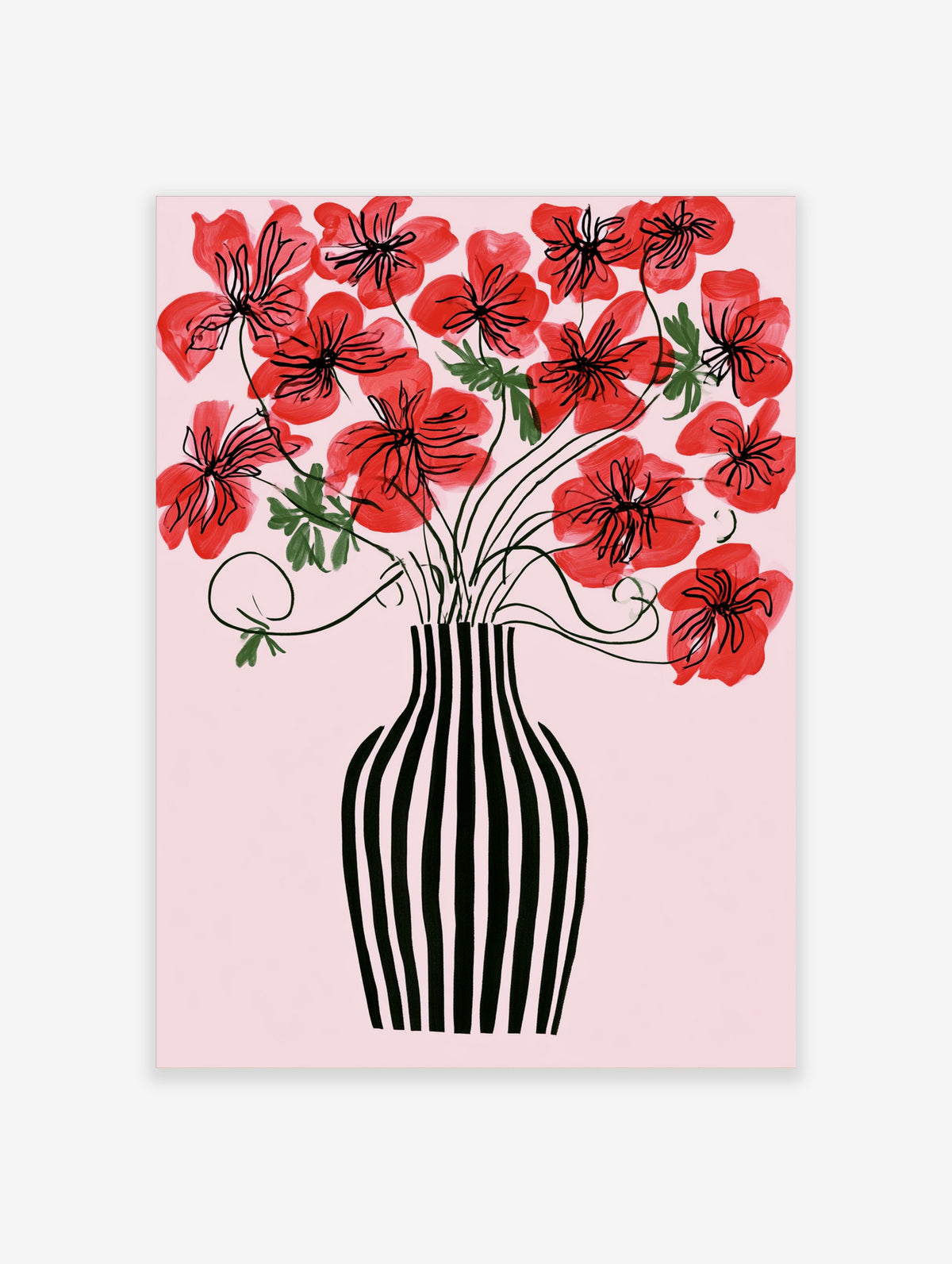 Red flower vase poster with black line-art blooms and a black and white striped vase on a pink background
