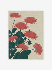 Red flower botanical illustration with chrysanthemums and dark green leaves on a light beige background, Japanese art style.