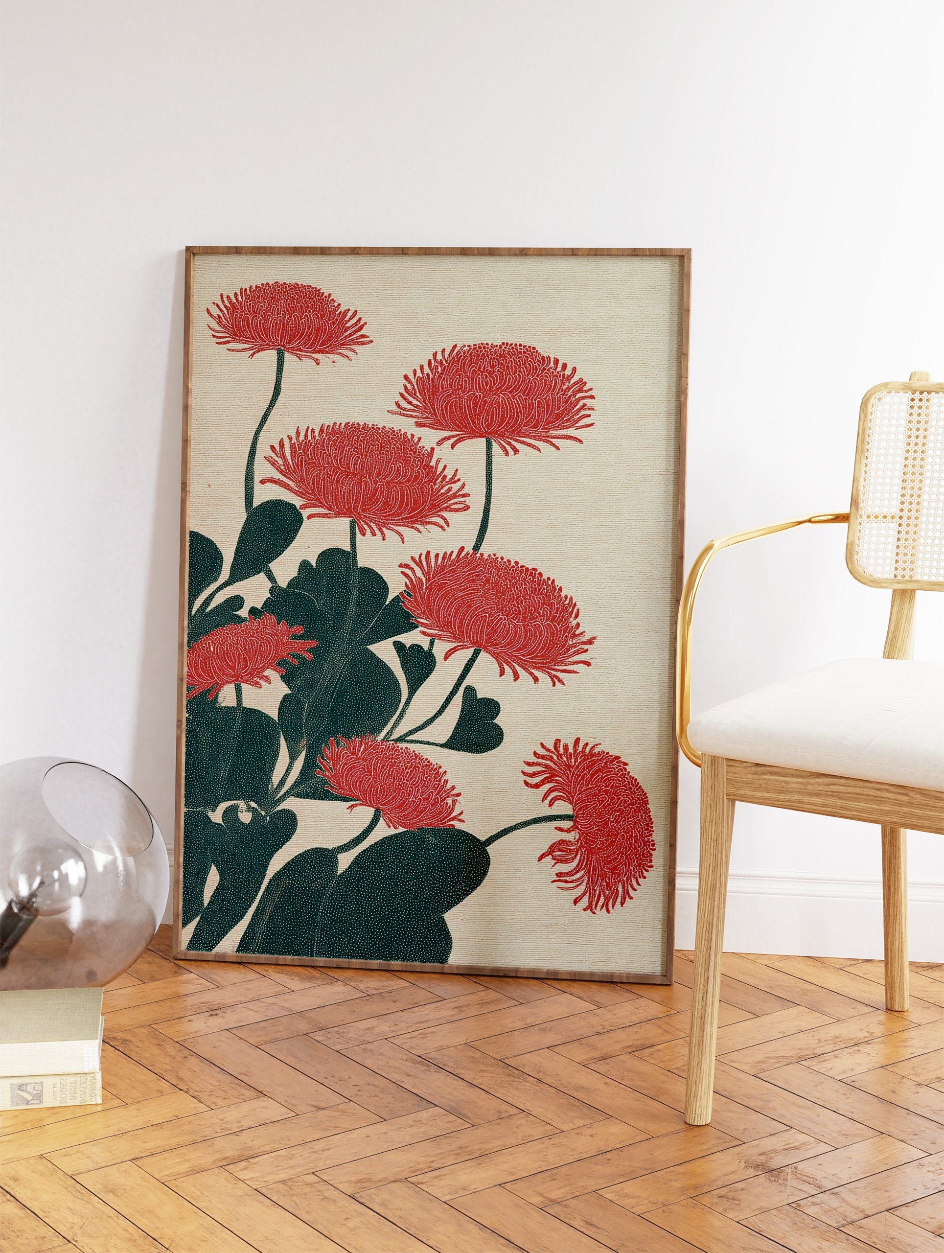 Red flower botanical illustration with chrysanthemums and dark green leaves on a light beige background, Japanese art style. - Image 2