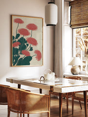Red flower botanical illustration with chrysanthemums and dark green leaves on a light beige background, Japanese art style. - Image 3