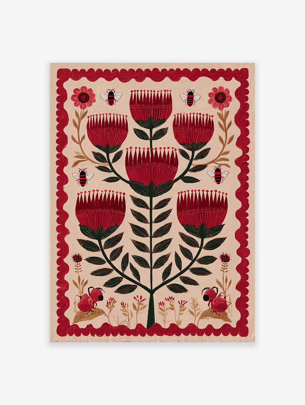 Red flower botanical folk art illustration featuring a central plant with multiple red blooms, bees, and ant-like creatures.