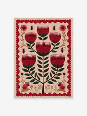 Red flower botanical folk art illustration featuring a central plant with multiple red blooms, bees, and ant-like creatures.