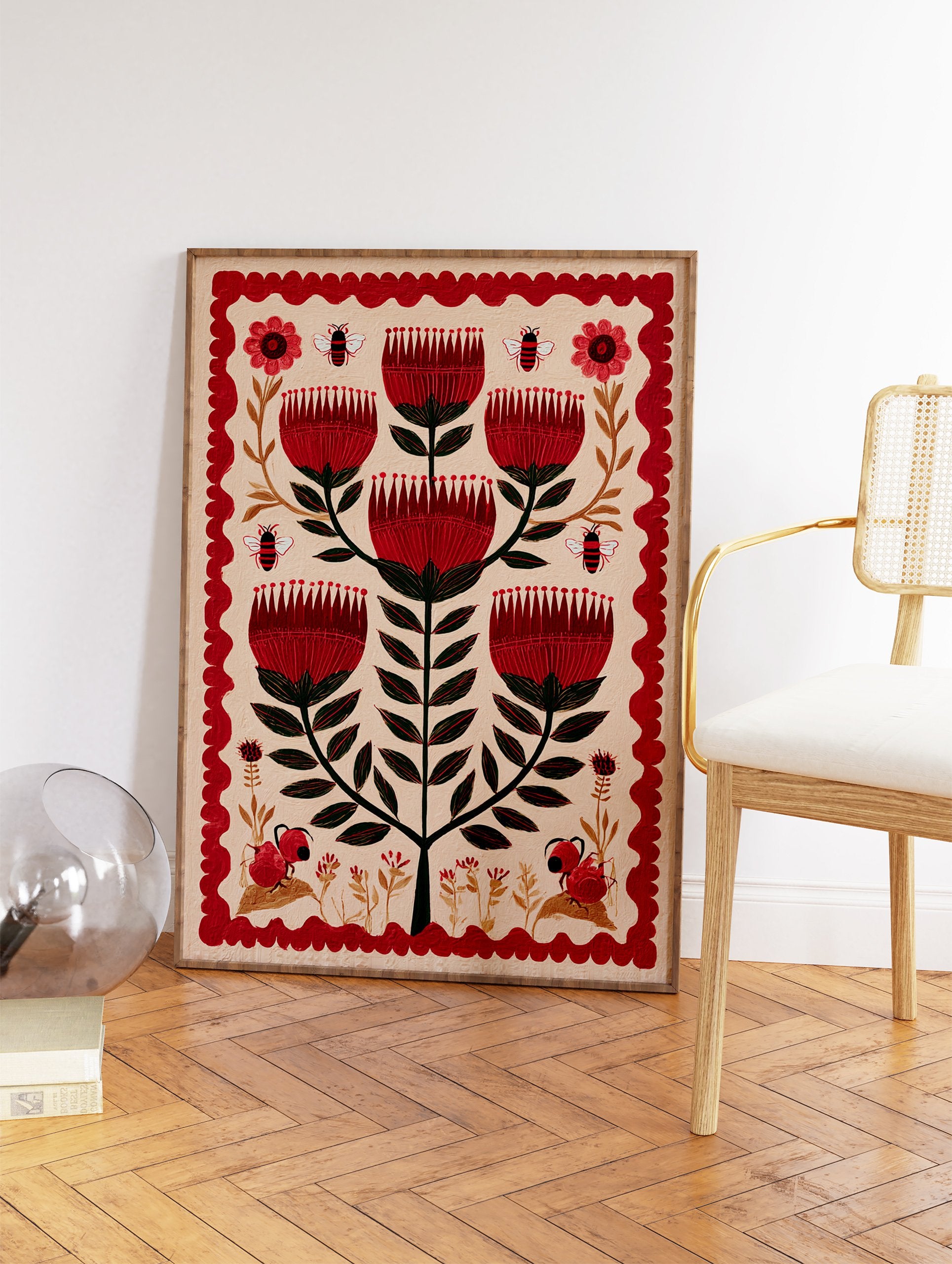 Red flower botanical folk art illustration featuring a central plant with multiple red blooms, bees, and ant-like creatures. - Image 2
