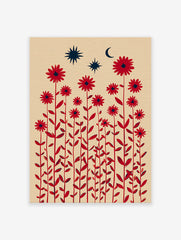 Red flower botanical wall art with stars and a crescent moon against a beige background, featuring tall stems and leaves.