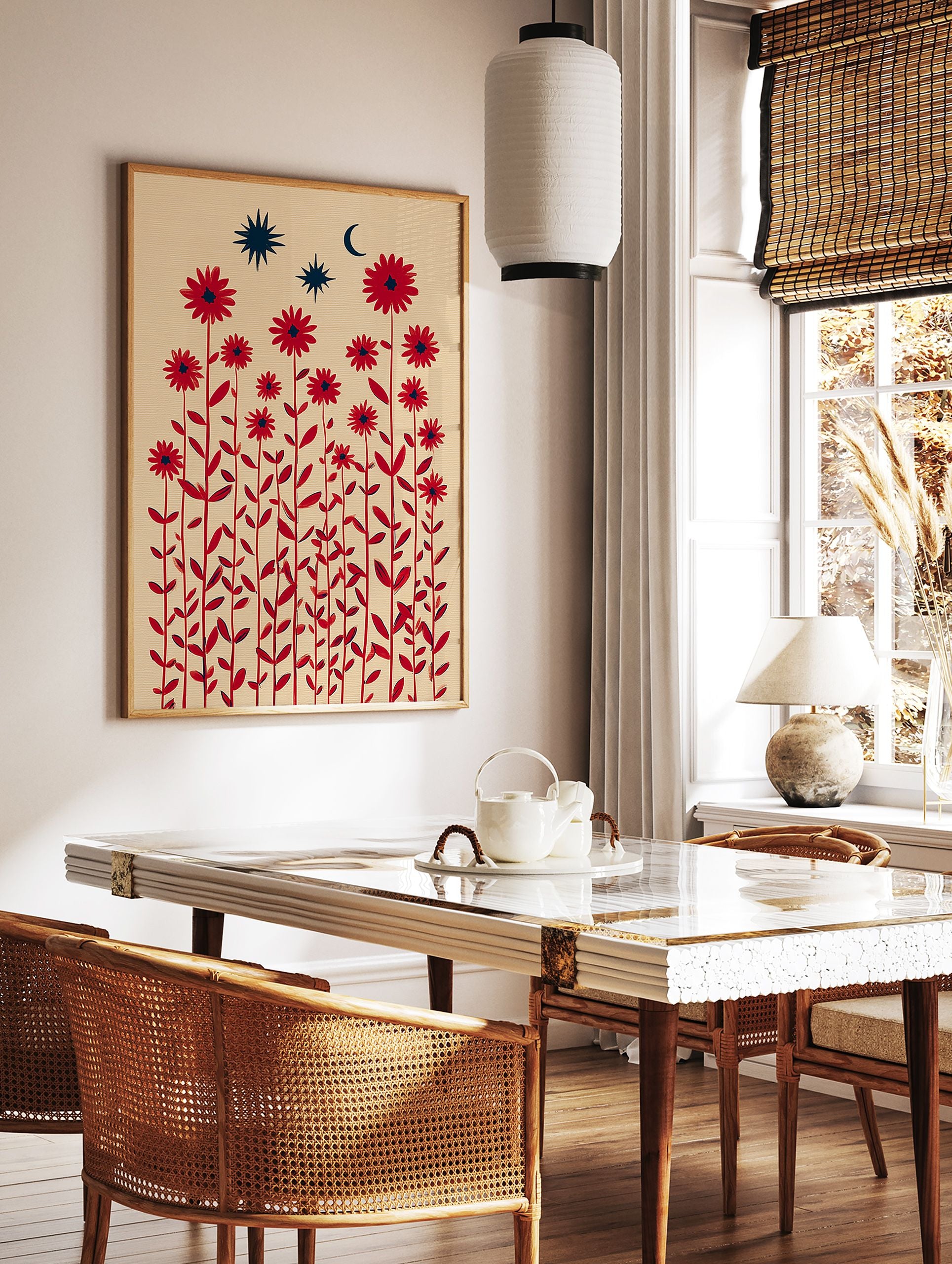 Red flower botanical wall art with stars and a crescent moon against a beige background, featuring tall stems and leaves. - Image 2