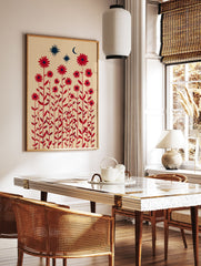Red flower botanical wall art with stars and a crescent moon against a beige background, featuring tall stems and leaves. - Image 2