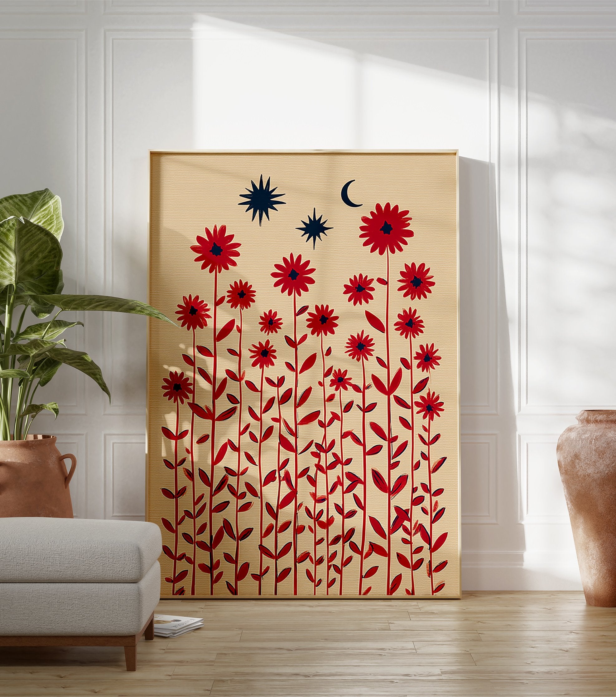 Red flower botanical wall art with stars and a crescent moon against a beige background, featuring tall stems and leaves. - Image 3