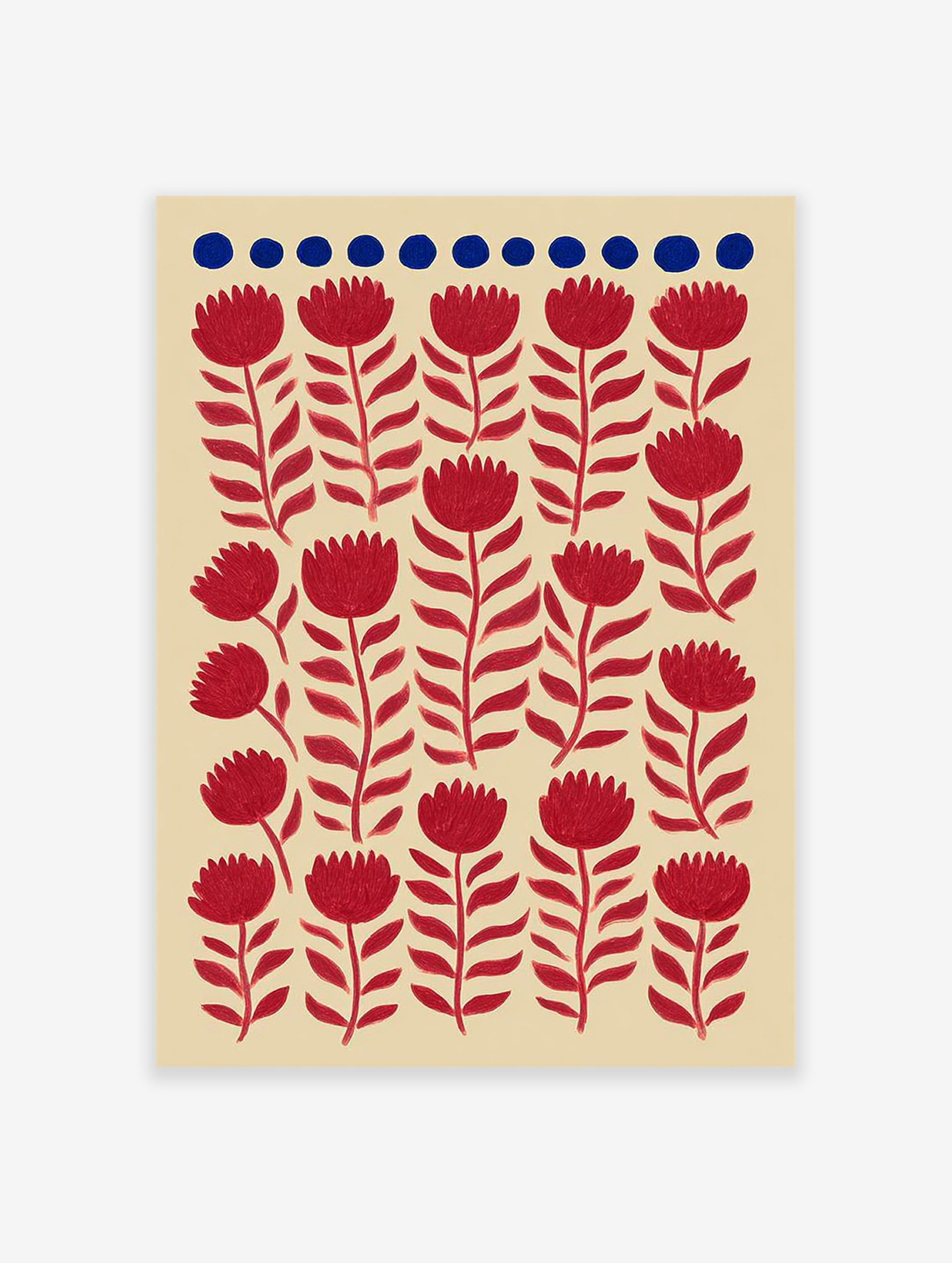 Red flower botanical illustration pattern art print with blue dots on a beige background, featuring stylized folk art flowers.
