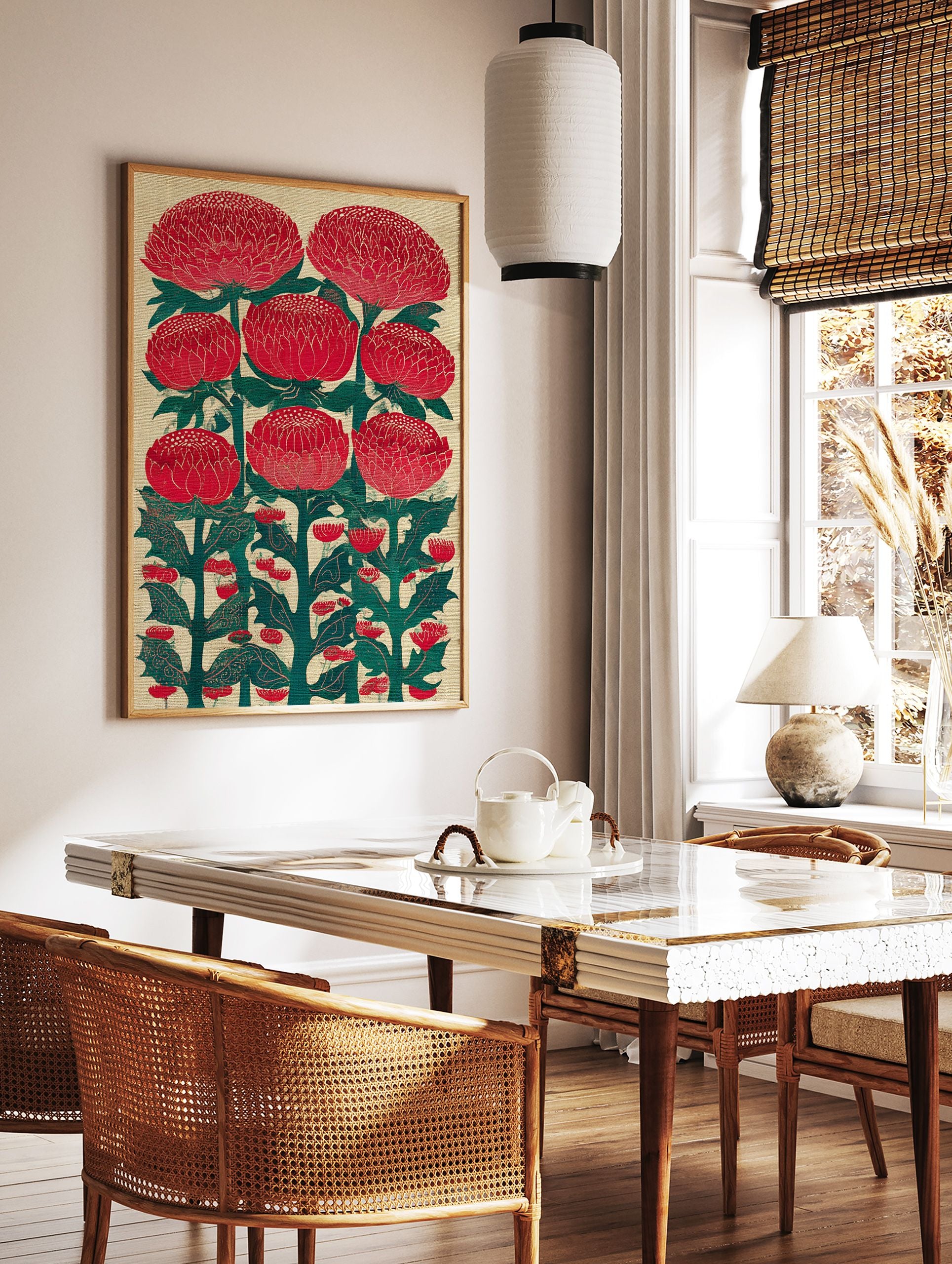 Red Waratah-style flower botanical illustration wall art print with green leaves on a textured beige background. - Image 2
