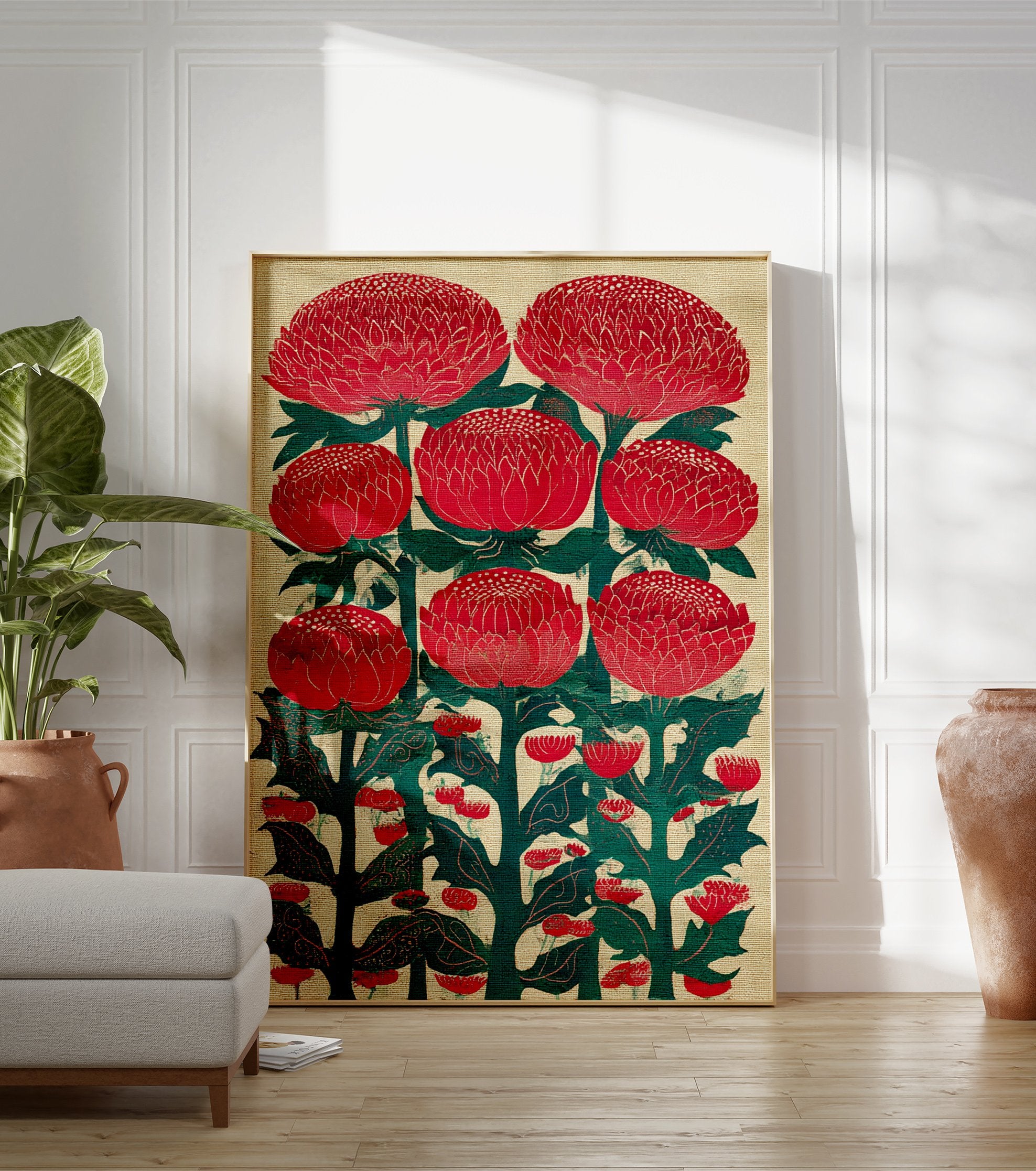 Red Waratah-style flower botanical illustration wall art print with green leaves on a textured beige background. - Image 3