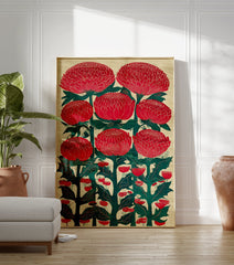 Red Waratah-style flower botanical illustration wall art print with green leaves on a textured beige background. - Image 3
