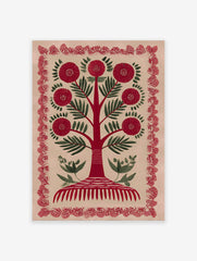 Red flower folk art tree illustration print with green leaves and a decorative red border on a light background.