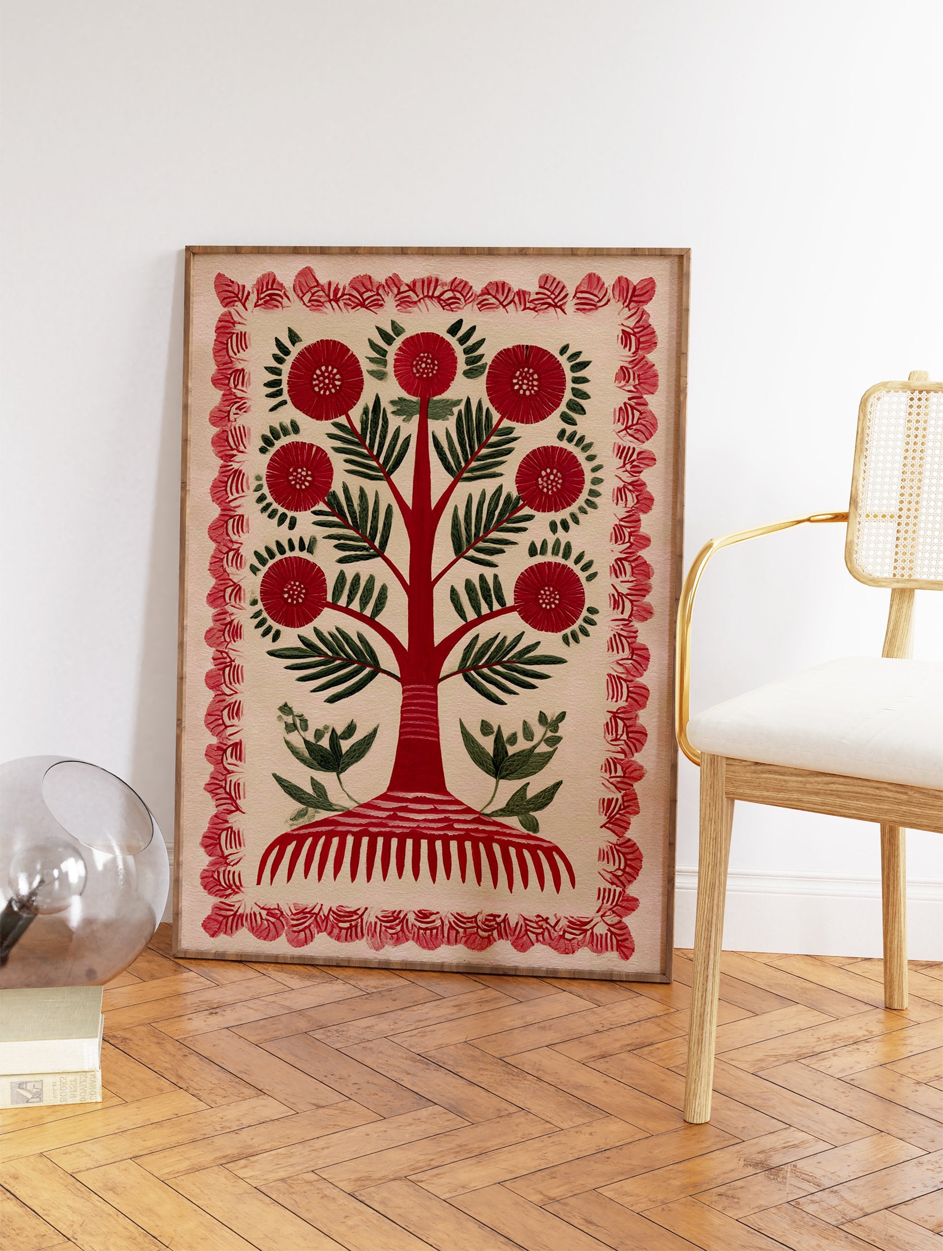 Red flower folk art tree illustration print with green leaves and a decorative red border on a light background. - Image 2
