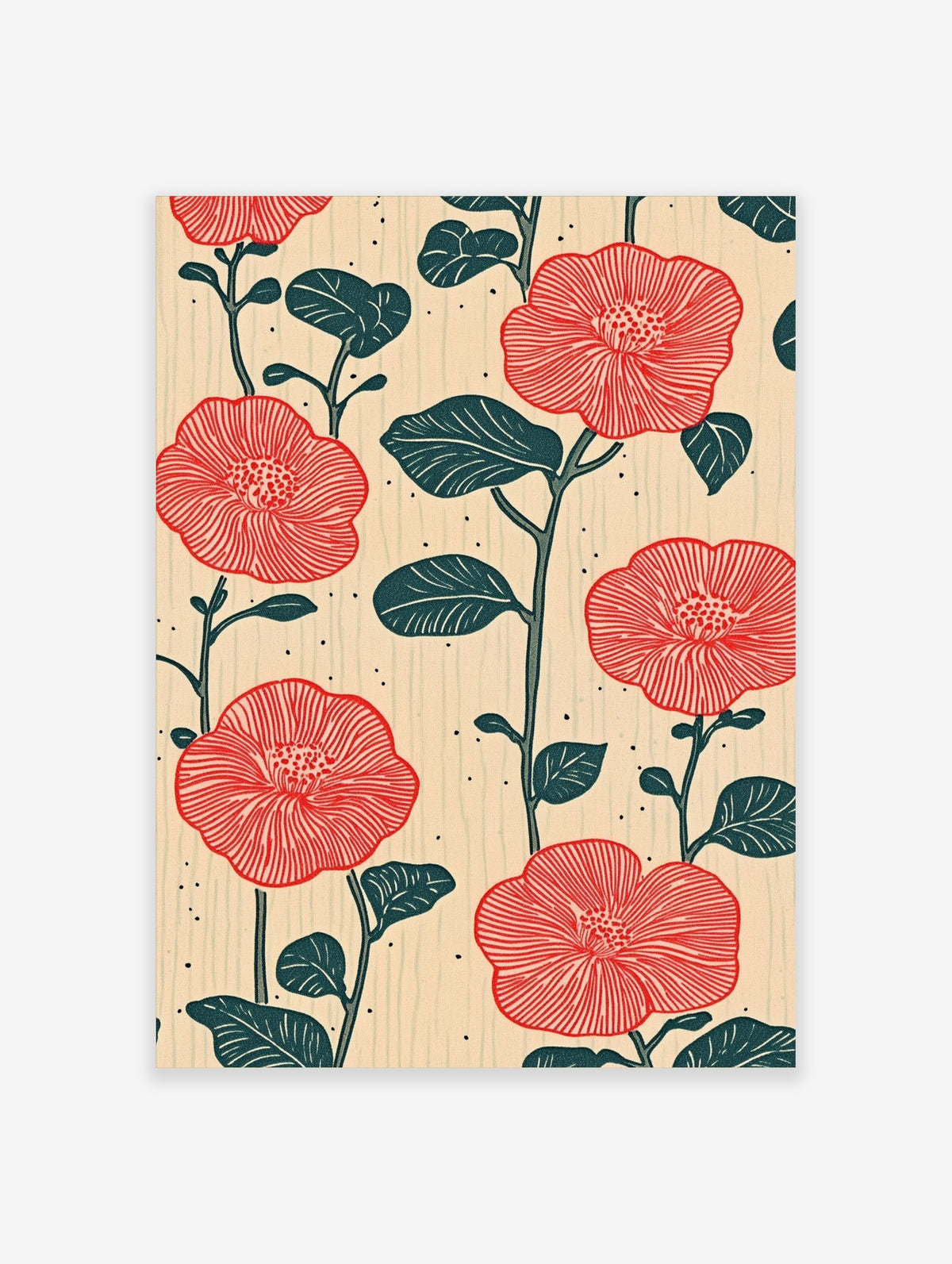 Red flower botanical pattern print with dark teal leaves and stems on a light beige textured background with black dots