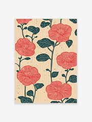 Red flower botanical pattern print with dark teal leaves and stems on a light beige textured background with black dots