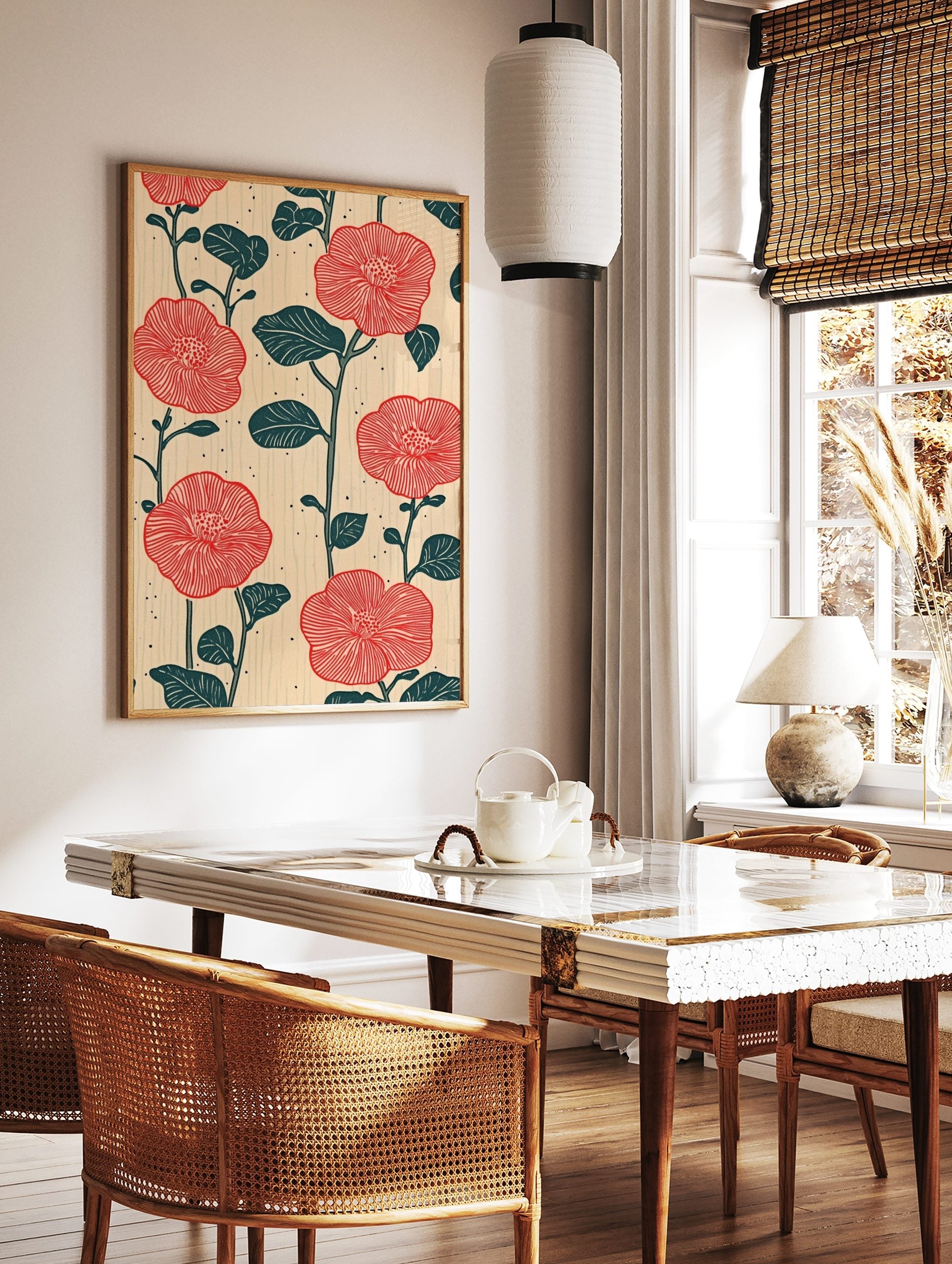 Red flower botanical pattern print with dark teal leaves and stems on a light beige textured, in a styled room mockup