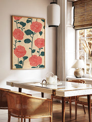 Red flower botanical pattern print with dark teal leaves and stems on a light beige textured, in a styled room mockup