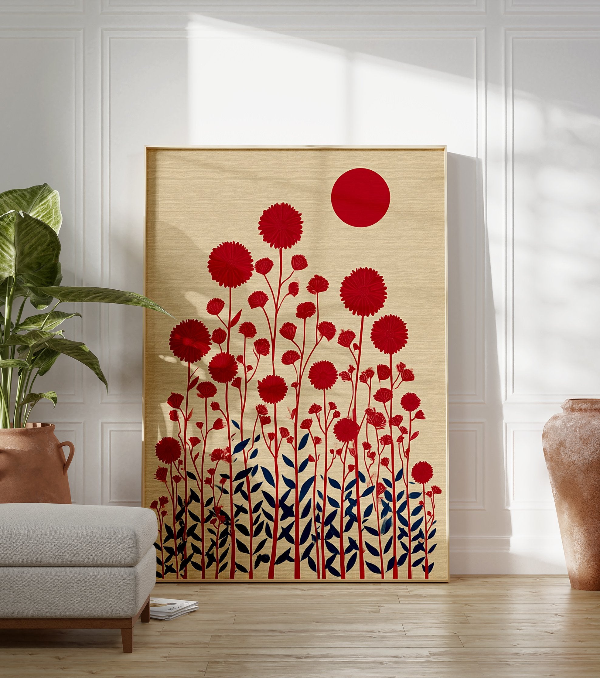 Red flower botanical illustration art print with dark blue leaves and a red sun on a beige textured background. - Image 3