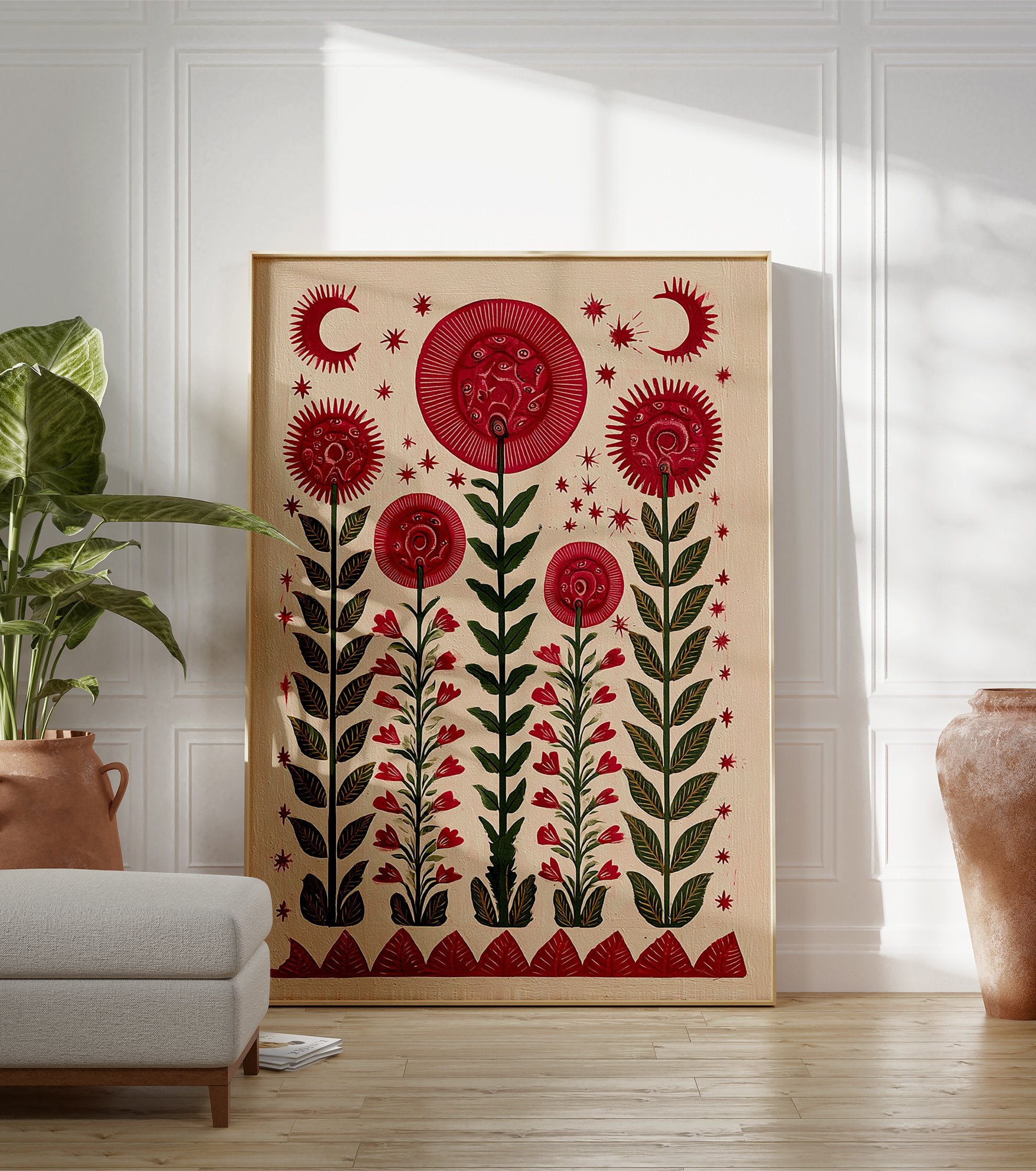 Red flower wall art with mystical eyes, green stems, crescent moons, and stars on a light background in a folk art style. - Image 3