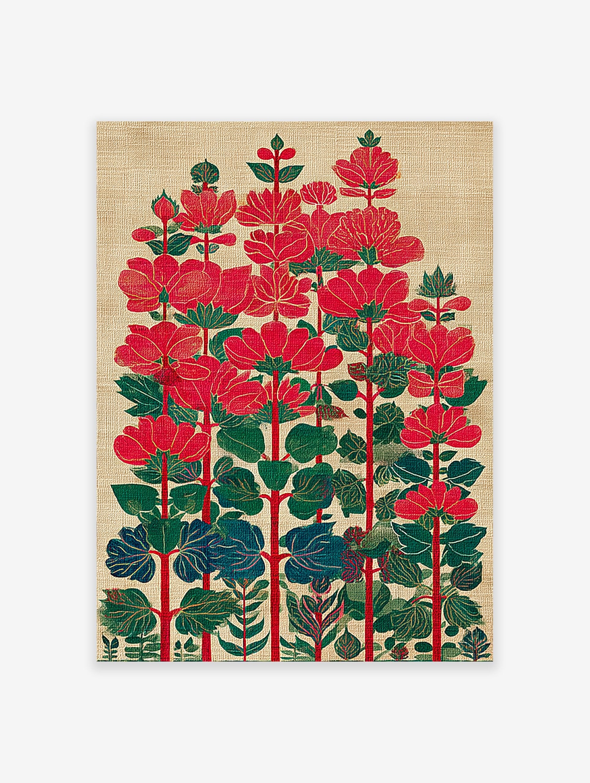 Stylized red flower botanical illustration art print with green and blue leaves on a textured beige background.