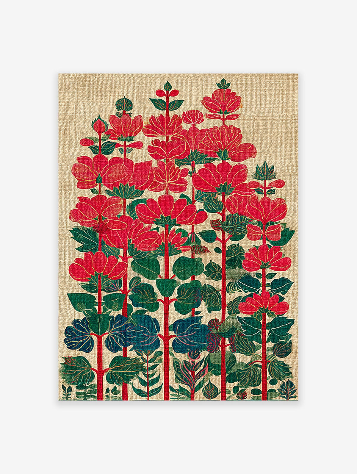 Stylized red flower botanical illustration art print with green and blue leaves on a textured beige background.