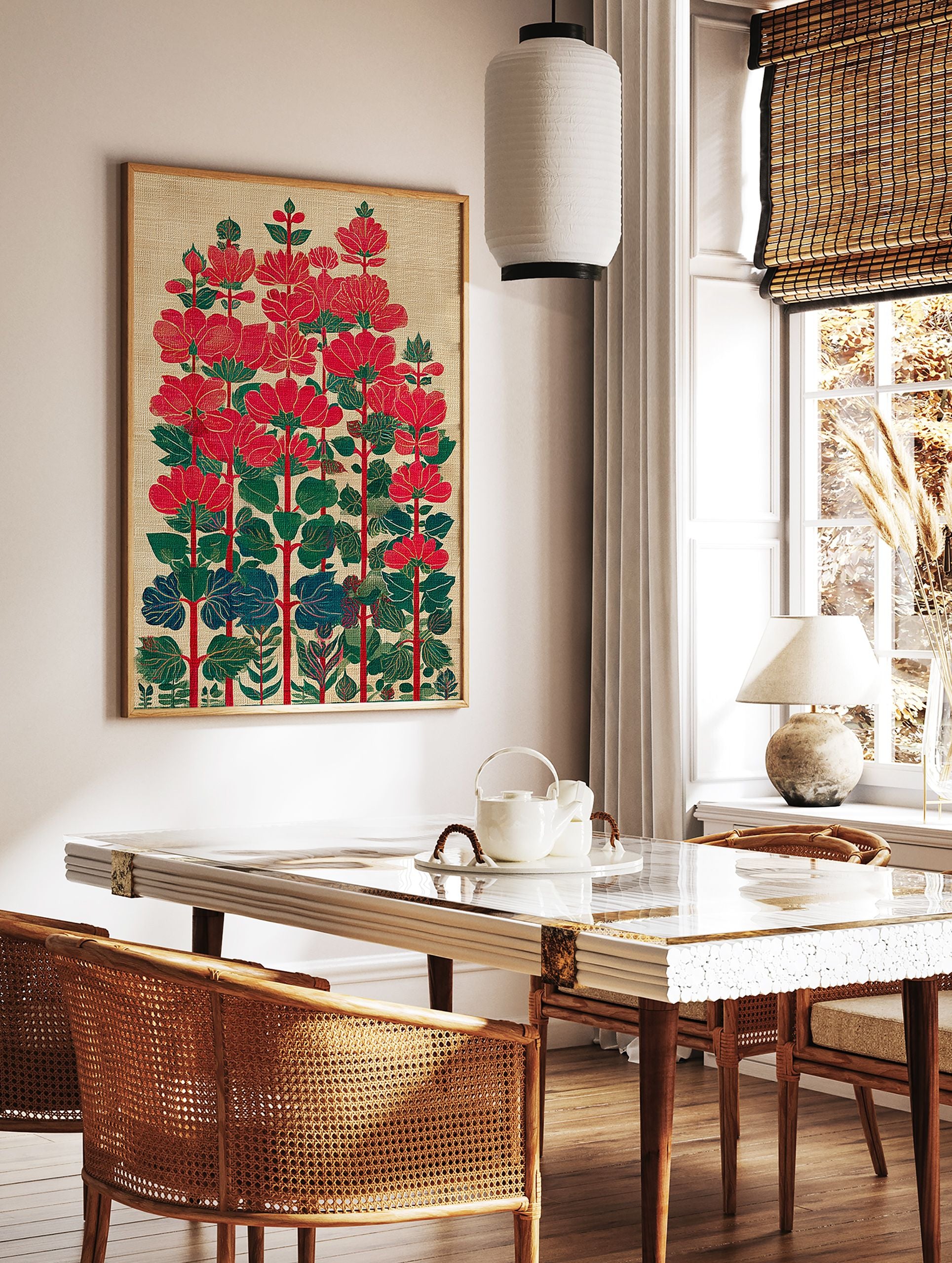 Stylized red flower botanical illustration art print with green and blue leaves on a textured beige background. - Image 2