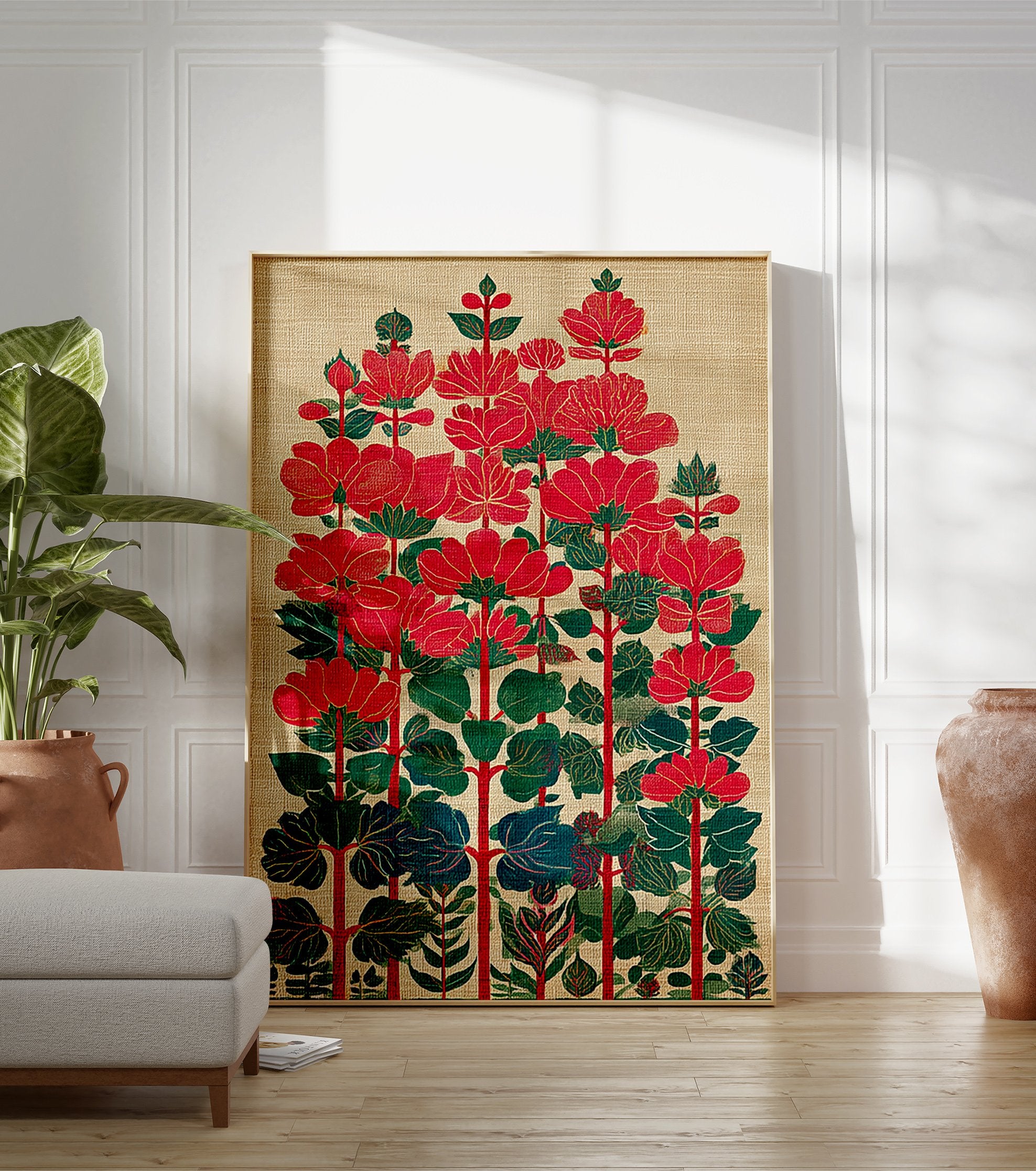 Stylized red flower botanical illustration art print with green and blue leaves on a textured beige background. - Image 3