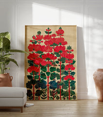 Stylized red flower botanical illustration art print with green and blue leaves on a textured beige background. - Image 3