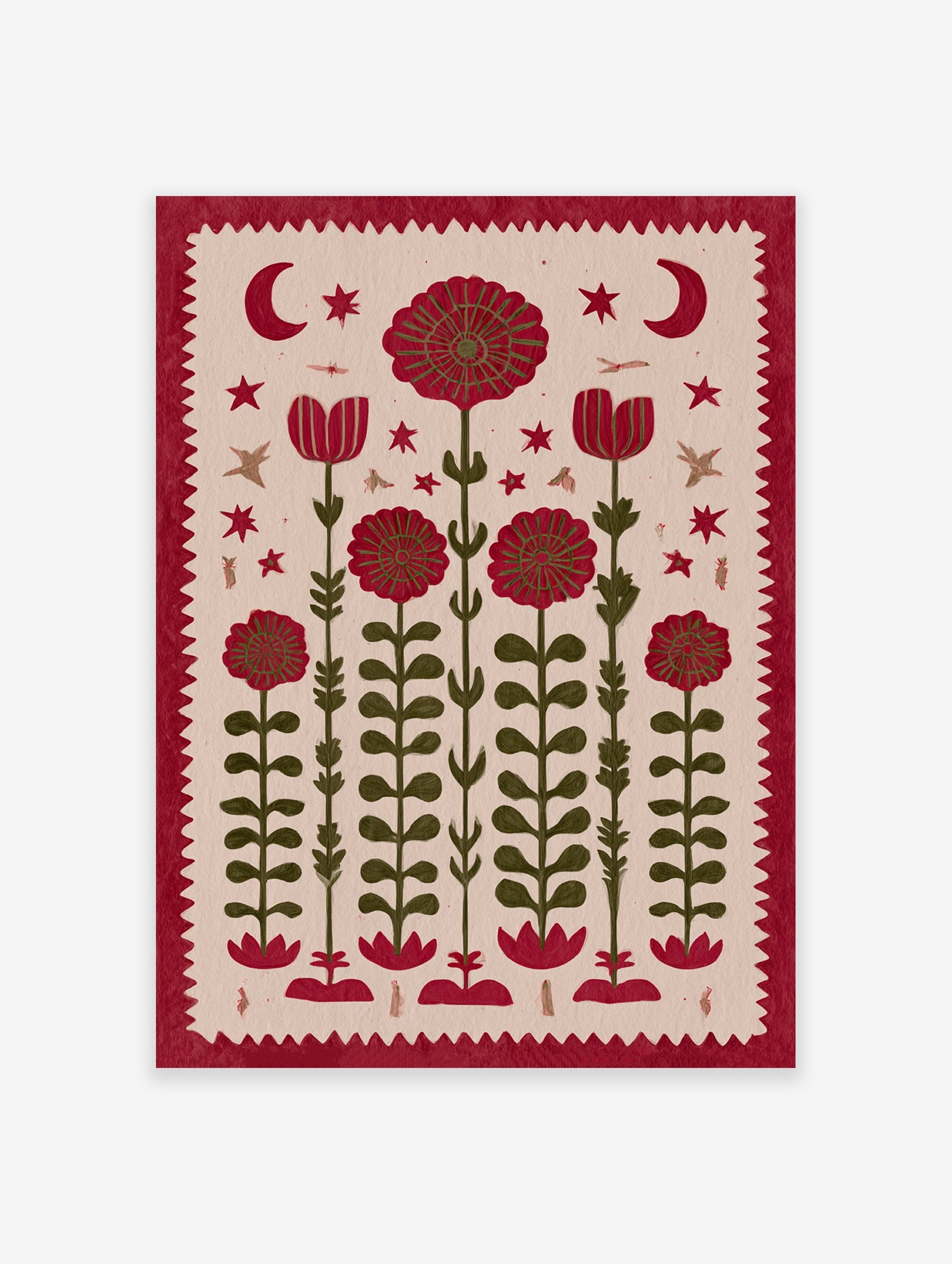 Red folk art flower botanical illustration print with moons, stars, and insects on a beige background.