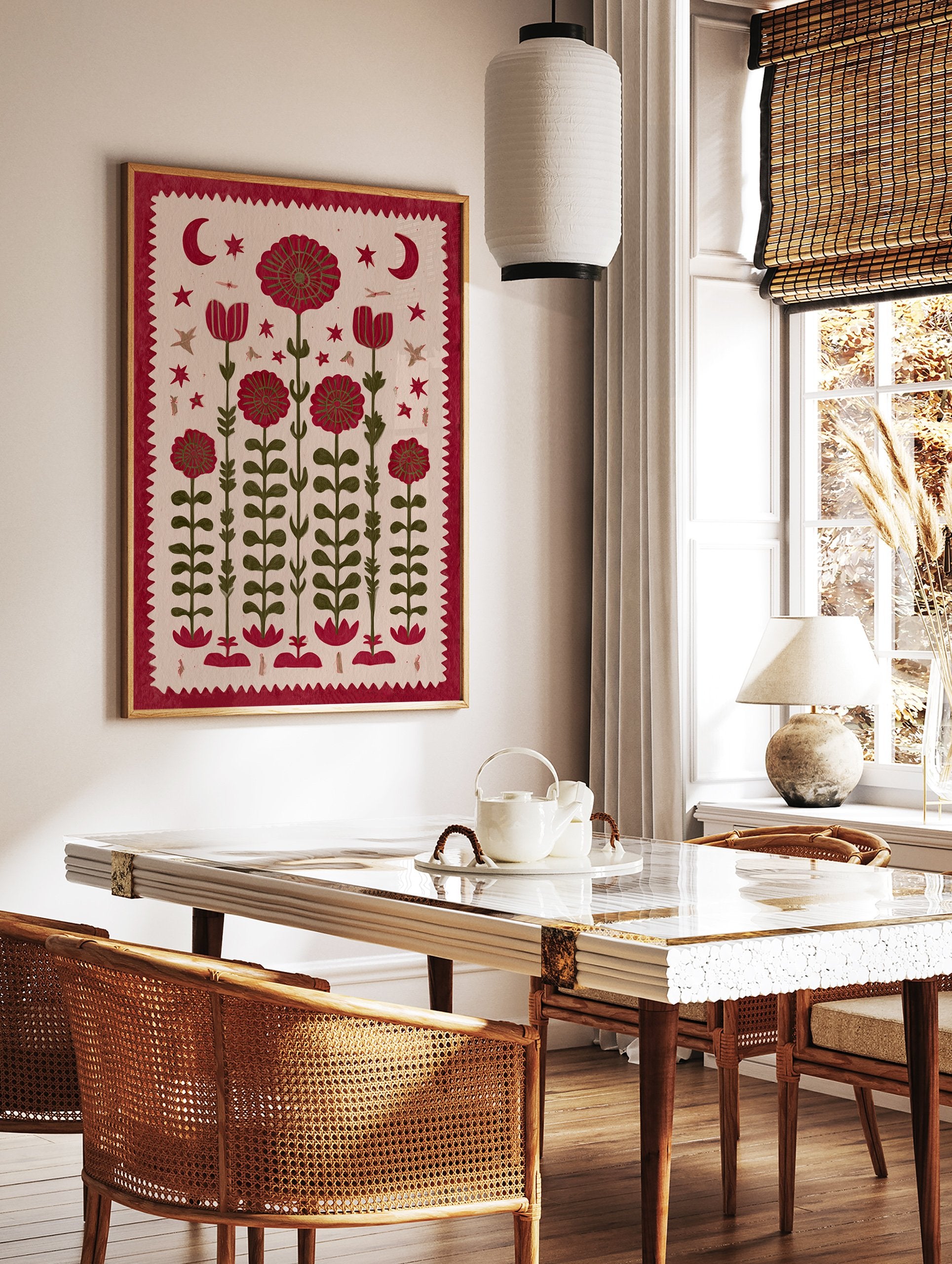 Red folk art flower botanical illustration print with moons, stars, and insects on a beige background. - Image 2
