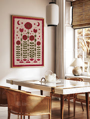 Red folk art flower botanical illustration print with moons, stars, and insects on a beige background. - Image 2