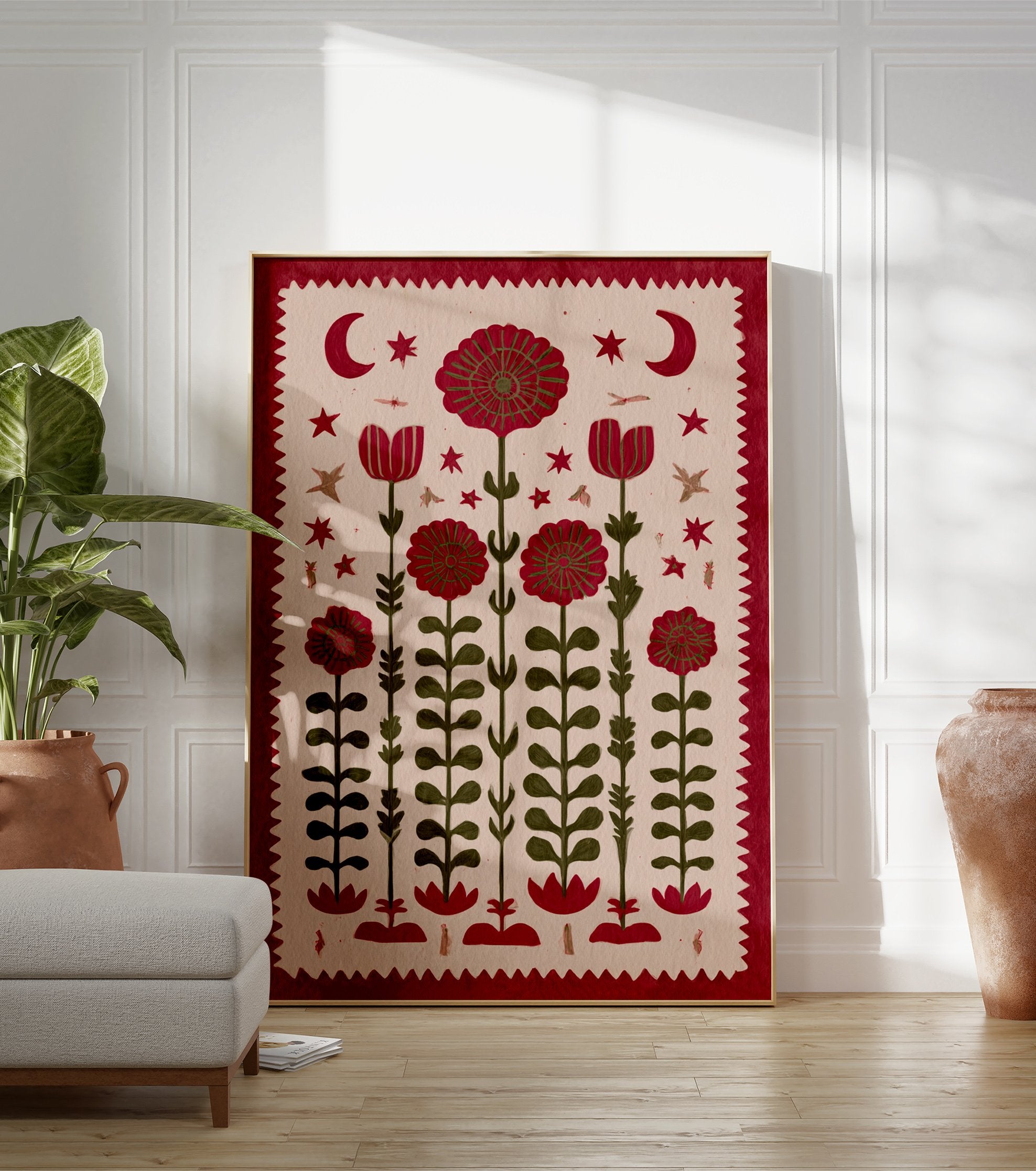 Red folk art flower botanical illustration print with moons, stars, and insects on a beige background. - Image 3