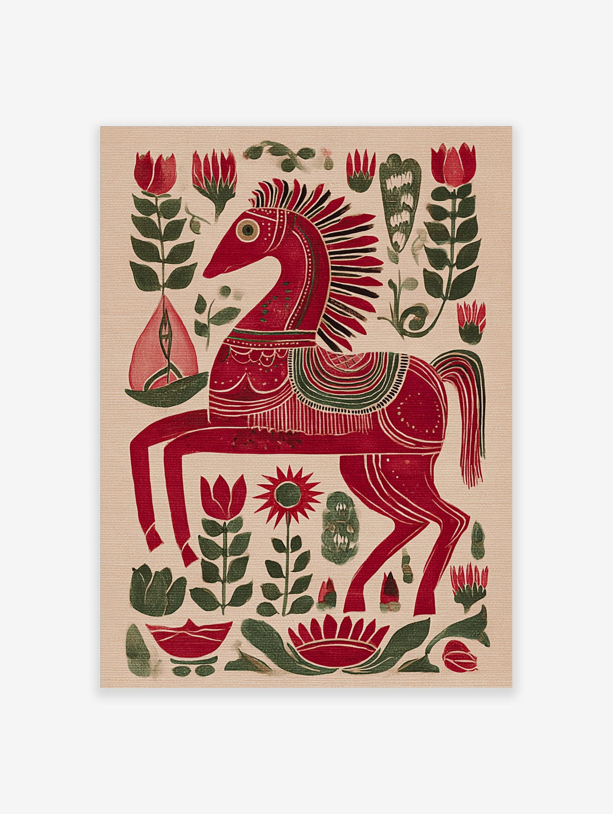 Red folk art horse print with intricate white and green patterns, surrounded by red and green botanical motifs